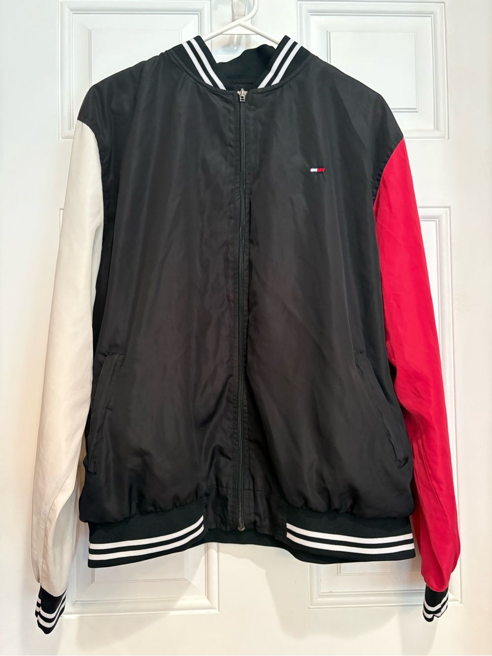 Tommy Hilfiger Men's Black Colorblock Bomber Varsity Jacket, Size XXL